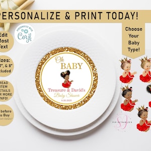 Oh Baby RED and GOLD Princess Charger Plate Insert, EDITABLE Baby Shower Charger plate, 6", 7", 8" Insert, Girl baby shower, Afro Puff, A04
