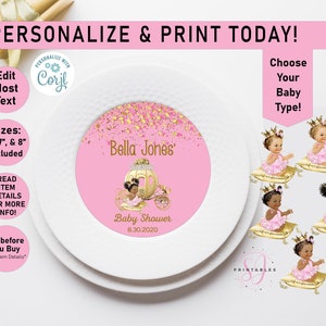 Royal Princess Blush Pink Gold Carriage Baby Shower Charger Plate Insert, EDITABLE Baby Shower Charger plate, 6", 7", 8" Insert, Girl, C06