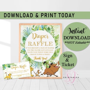 Carte et signe de tombola de couches pour baby shower du Roi Lion, tombola de couches de baby shower Lion, billet, jeu imprimable pour baby shower, Simba, L01