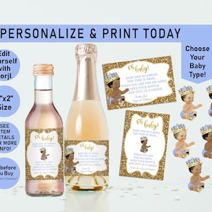 Oh Baby Light Blue and GOLD Prince EDITABLE Baby Shower Mini Wine Bottle Labels, Boy baby shower, Wine Labels, Champagne, Prince, boy, A21