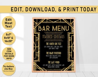Editable BAR MENU Sign Printable Art, Gatsby Bar Menu, Gatsby Wedding Art Deco Menu Sign, Roaring 20s, birthday party, decoration, Gold, B20