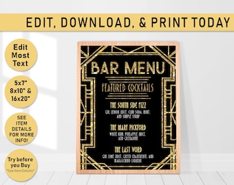 Editable BAR MENU Sign Printable Art, Gatsby Bar Menu, Gatsby Wedding Art Deco Menu Sign, Roaring 20s, birthday party, decoration, Gold, B20