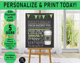 Coffee Shop Birthday Welcome Sign Printable, Frappy Birthday Coffee Party Decor, Coffee Party Printable Sign, Instant Download Editable, Q01