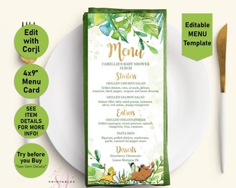 Lion King Baby Shower menu, Simba, Menu, Little King, Boy, The Lion King Menu, Printable Menu template, baby shower menu card, Greenery,L01