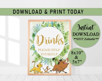 Lion King INSTANT DOWNLOAD Drinks Sign, Drinks Shower Sign, Drinks Please Help Yourself Baby Shower Sign, Lion King, Printable, L01
