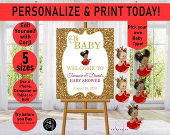 Oh Baby RED and GOLD Princess Welcome Sign, Baby Shower Signs, Welcome Poster, Girl Baby Shower, Princess, Baby Girl, Afro Puffs, Sign, A04