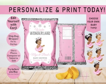 Winter Wonderland Pink Silver Baby Shower EDITABLE Chip Bag, Baby Shower,Chip bag Wrapper, Baby Shower Favor, Silver Glitter, snowflake,Z02
