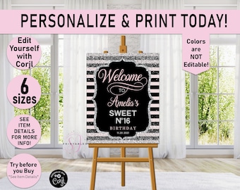 Designer Birthday Party Welcome Sign, ANY AGE, Teen, Sweet 16 Sign, Pink, Black, Silver, Welcome Poster,Girl Birthday sign, tween,adult, C20