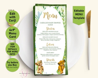 Lion King Gender Reveal Menu: Greenery Gold Design (Printable Template) L04