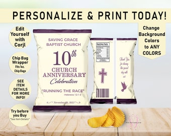 Church Anniversary ANY COLORS EDITABLE Chip Bag, Change Colors, Church Service, Church, Chip Bag, Favor, Chip Label Wrapper, Printable, CC7