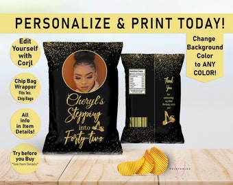 Stepping into Gold and ANY COLOR Birthday Chip Bag Wrapper, Favor Bags, Adult, Birthday, Chip label, Photo Birthday Chip Bag, Printable, Y02