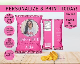 Pink on Pink Glitter ANY AGE Birthday EDITABLE Birthday Chip Bag Wrapper, Favor Bags, Photo Chip Bag, Adult, Woman, Sparkle, Glam, Teen, B30