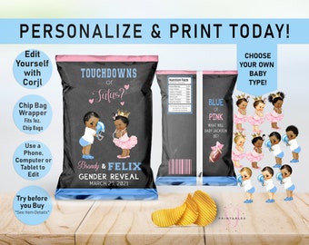 Touchdowns or Tutus Gender Reveal Chip Bag, Gender Reveal Chip Bag Favor, Chip Bag Wrapper, Football, pink or blue, he or she, girl boy,R20