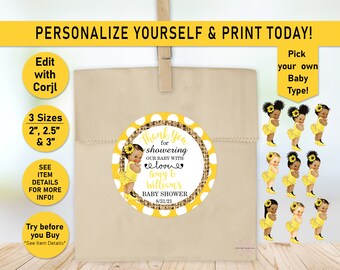 Baby Shower Printable Favor Stickers, Sunflower, Sunflower baby, Stickers, Yellow, black, Favor Labels, baby shower sticker, Thank You, E01