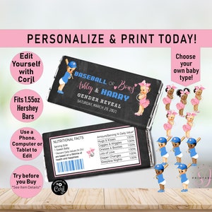 May include: A printable chocolate bar wrapper design for a gender reveal party. The wrapper is black with pink and blue accents and features the text "Baseball or Bow? Ashley & Harry Gender Reveal Saturday, March 29, 2021".