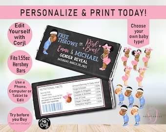 Basketball Gender Reveal Baby Candy Bar Wrapper, Free Throws or Pink bows gender reveal candy labels, boy girl, he or she, Pink or Blue, R05