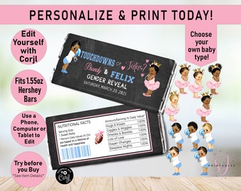 Touchdowns or Tutus Gender Reveal Baby Candy Bar Wrapper, Football gender reveal candy labels, boy or girl, he or she, Pink or Blue, R20