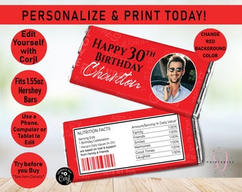 Adult Birthday Words Hershey Candy Bar Wrappers, Change Colors, Any Age Candy label, Party Favor, Adult Birthday wrapper, Man, Photo, B25