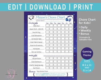 Printable Chore Chart, Gaming, Daily, Weekly, Bonus Job Chart, Kid Chores, Tasks, Responsibilities Checklist, Editable, Video Game Chart