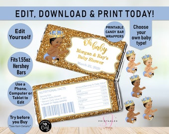 Prince HERSHEY Candy Bar WRAPPER, Baby Shower Candy Bar Wrapper, Light Blue, Gold, Favors, Little Prince Shower Wrappers, Editable label A21
