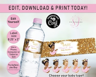 Pink and Gold, Oh Baby Water labels, Princess water bottle label, Girl, Pink, Gold, Afro Puffs, Baby Shower, Decorations, Decor Editable A01