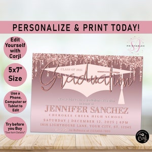 Rose Gold Drip Graduation Party Invitation Template, Senior Graduation Announcement, Dripping, Cap, Printable Graduation Invitation, G60