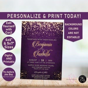 Elegant Gold and Purple Wedding Invitation, Printable Wedding Invitation Template, Reception, Purple, Gold, Gold Glitter, Shimmery, WW21