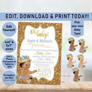 Oh Baby Light Blue Gold Prince Baby Shower Invitation, Little Prince Invitation, Sneakers, Shoes, Boy, Baby boy, Baby Shower, Printable A21