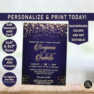 Elegant Gold and Navy Blue Wedding Invitation, Printable Wedding Invitation Template, Reception, Blue, Gold, Gold Glitter, Shimmery, WW22