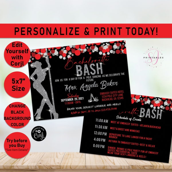 Bachelorette Party Invitation, Bachelorette Bash,Bachelorette Weekend, Hen Party, Bachelorette Invite, Pole Party, Dancing, Red, Silver, S43