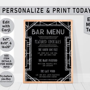 Editable BAR MENU Sign Printable Art, Silver Gatsby Menu, Gatsby Wedding Art Deco Menu Sign, Roaring 20s, birthday party, decoration, B21