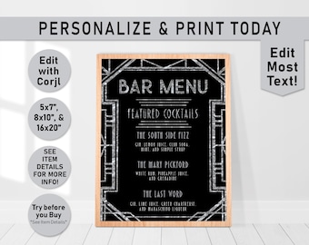 Editable BAR MENU Sign Printable Art, Silver Gatsby Menu, Gatsby Wedding Art Deco Menu Sign, Roaring 20s, birthday party, decoration, B21