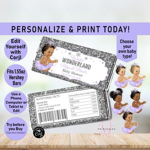 Winter Wonderland Baby Shower Hershey Candy Bar WRAPPER,Lavender Purple Baby Shower,Candy Party Favors,Silver Glitter, Girl,Snowflake, Z04