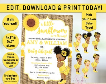 Sunflower Baby Shower Invitation, Girl Baby Shower, Picnic Sunflower Baby Shower Invitation, Baby Shower Invitation, Yellow, Editable, E01