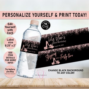 Stepping into ANY AGE Rose Gold Birthday Water Bottle labels, Printable Water label, Party Favor, Adult Birthday water wrappers, heels, y04