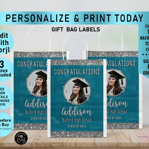 Congratulations Silver Graduation Gift Bag labels, Silver Glitter and ANY other color, Gift Bag Label, Favor, Goodie bag, grad party G20