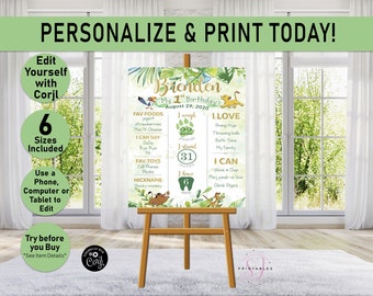 May include: A printable first birthday sign featuring a jungle theme with a lion, monkey, and toucan. The sign includes the child's name, age, date of birth, weight, height, favorite foods, favorite toys, things they can say, things they can do, and things they love. The sign is designed to be personalized with the child's information.