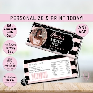 ANY AGE Designer Birthday Hershey Candy Bar Wrappers, Pink black silver, Candy Bar label, Party Favor, Sweet 16, teen, teen party favor, C20