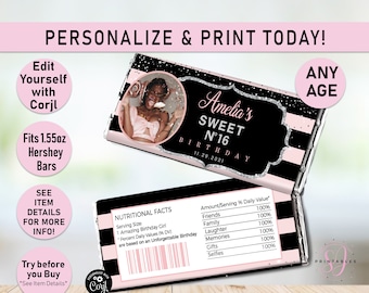 ANY AGE Designer Birthday Hershey Candy Bar Wrappers, Pink black silver, Candy Bar label, Party Favor, Sweet 16, teen, teen party favor, C20