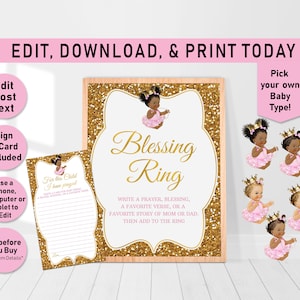 Pink & Gold Princess Blessing Ring Sign And Cards, blessing ring sign card bundle, Princess baby shower wishes baby shower games, Puffs, A01