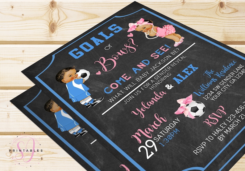 Soccer Gender Reveal invitation, Goals or Bows gender reveal party, Soccer, he or she, Girl, Boy, Pink or Blue, Baby, Afro Puffs, R15 image 2