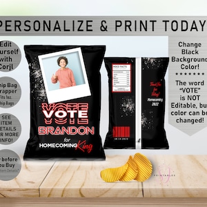 Homecoming VOTE Chip Bag Wrapper, Any Color Homecoming Favor Bag, Photo Chip, Dance, Hoco 2023, Teen, Class Rep, Queen, King, Campaign, P35