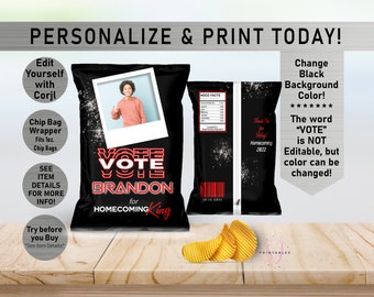 Homecoming VOTE Chip Bag Wrapper, Any Color Homecoming Favor Bag, Photo Chip, Dance, Hoco 2023, Teen, Class Rep, Queen, King, Campaign, P35