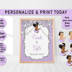 May include: Purple and silver printable sign with the text "Cards & Gifts Thank You!" and a cartoon image of a baby girl wearing a crown and a tutu. The sign is 8 inches by 10 inches.