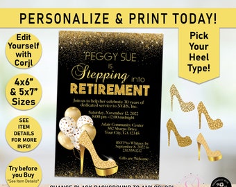 May include: A black and gold retirement party invitation with a gold high heel shoe and balloons. The text reads "Peggy Sue is Stepping into Retirement".