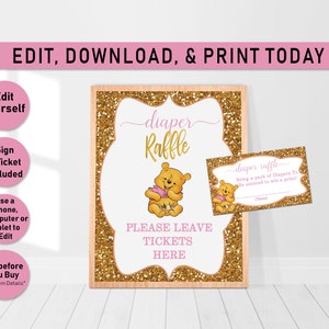 Winnie the pooh Diaper Raffle Sign, Pooh bear Diaper Raffle, raffle ticket, Baby Shower Diaper Raffle, princess, pink, gold, baby shower W02