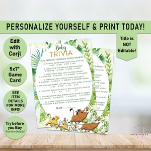 Lion King Baby Trivia Game, Baby trivia game card, Lion King Baby Shower Games Printable, Baby Shower Party Game Cards, Simba, L01