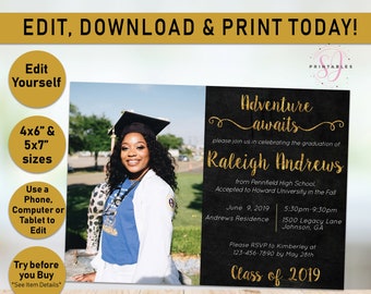 Graduation Invitation, Black Gold Graduation Invitation, Class of 2024, Glitter Graduation, Announcement, Adventure Awaits, Grad Invite G10