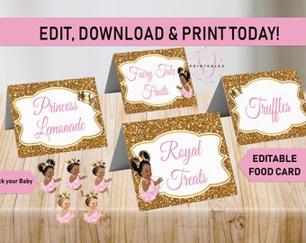 Oh Baby Baby Food Tent Card, Printable Baby Shower Food Label, Princess Baby Tent Cards, Pink Gold, Editable, Royal, Girl, Afro Puffs, A01