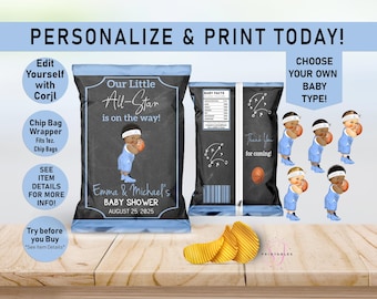 Blue Basketball Baby Shower Chip Bag Wrapper: Editable Favor (Digital Download)